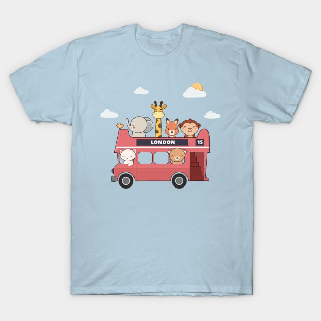 Kawaii Cute Zoo Animals In A London Bus T-Shirt by wordsberry